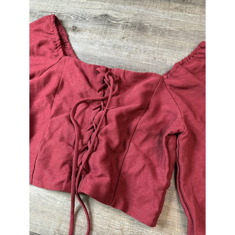 Kirious LA Burgundy Ribbed Lace-Up Crop Top Smocked Peasant Blouse Large - Picture 7 of 16
